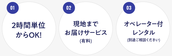 2時間単位からOK！/現地までお届けサービス/オペレーター付レンタル